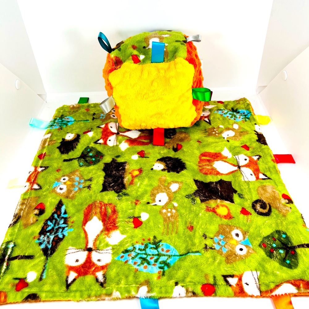 Forest Animal Fleece Baby Lovey Tag Blanket W/Plush Matching Cube Hand Made